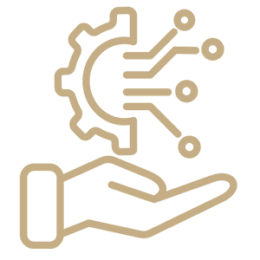 Hand holding digital gear and circuits icon.