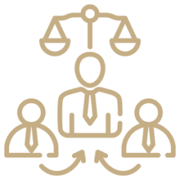 Legal team hierarchy with justice scales icon.