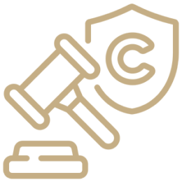 Gavel and copyright symbol on shield.